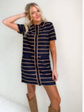 Wishlist Navy and Tan Striped Short Sleeve Coat-Dress